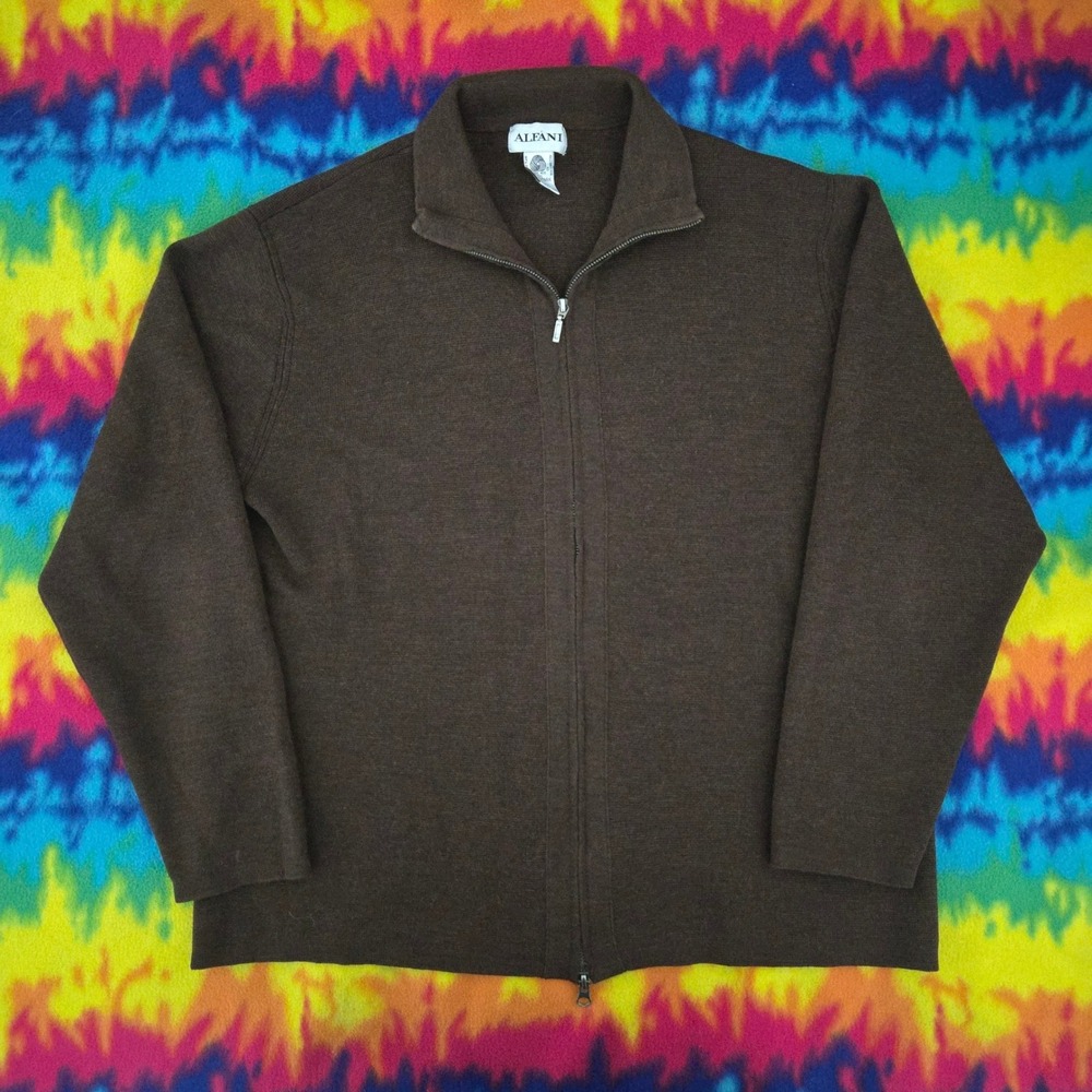 Vintage Alfani Sweater Mens L Brown 100% Merino Wool Full Zip Cardigan Australia